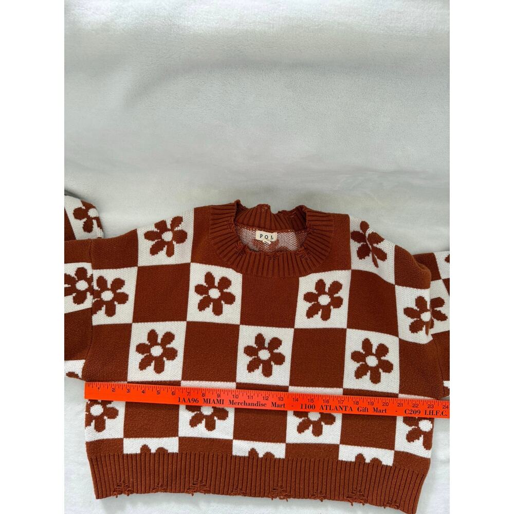 Pol Woman's Daisy‎ Flower Rust Brown Cropped Sweater Large Checkered Raw Hem - Picture 8 of 11